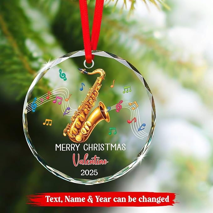 Saxophone Player Christmas Glass Ornament 2025, Personalized Text & Name Saxophonist Christmas Keepsake, Instrument Musical Xmas Ornament Gift for Saxophone Lover, Customized Musician Glass Ornaments