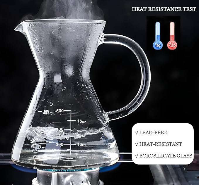 Pour Over Coffee Maker with Reusable Stainless Steel Drip Filter, Glass Drip Coffee Maker Set, Lead-Free Borosilicate Glass Coffee Carafe for 1-2Cup, Clear (400ml/13.5oz)