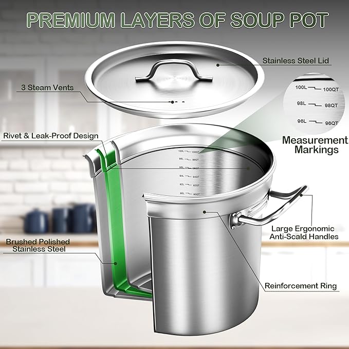 Stainless Steel Stock Pot,100 QT Large Stock Pot with Lid, Heavy Duty Tri-Ply Bottom Commercial Grade Stock Pots for Boiling Cooking Soup Stew Thick Bottom Big Stockpots, Deep Cookware