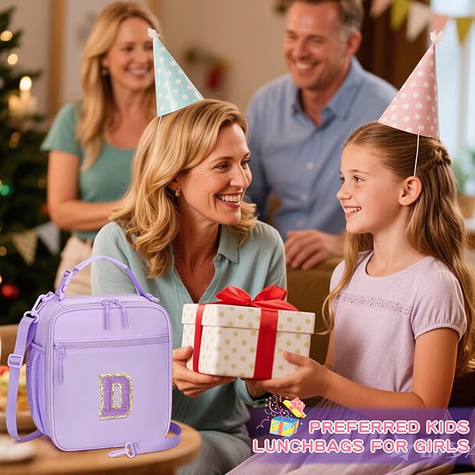 Initial Insulated Lunch Bag for Girls Kids, Back to School Gift, Reusable Leak-proof Lunch Box with Adjustable Strap for School Daycare Travel Picnic (Purple,D)