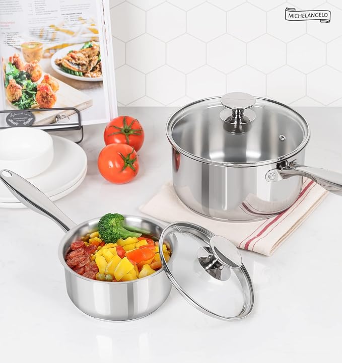 MICHELANGELO Stainless Steel Saucepan Set, 1QT & 3QT Saucepans with Lids, Nonstick Sauce Pan with Lid, Stainless Steel Pot Set 4 Pieces, Dishwasher Safe, Induction Compatible