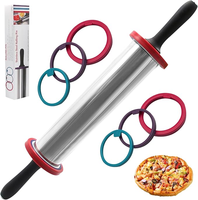 SHIKORI Rolling Pin,Adjustable Rolling Pin with Thickness Rings, Stainless Steel Dough Roller Baking Supplies for Pizza Pastry Fondant Pie Pasta-11 inch