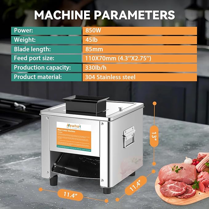 Newhai 850W Meat Cutter Cutting Machine 15mm Electric Meat Slicer Shredded Machine Stainless Steel 330lb/h for Boneless Pork Chicken Fish for Family Commercial Use (Meat thickness: 15mm/0.6inch)