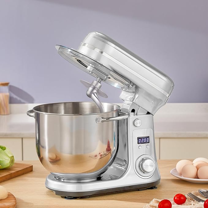 Biolomix Kitchen Electric Stand Mixer, 6 Speed Tilt Head Food Mixer with 6.5 QT Stainless Steel Bowl, Dough Hook, Flat Beater, Whisk and Anti Splash Cover (6.5 QT, Light Silver)