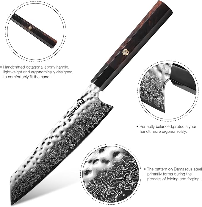 Kiritsuke Chef Knife 8 Inch, Hand-forged 67-Layer VG10 High Carbon Steel Japanese Damascus Chef Knife, Ultra Sharp Hammered Damascus Chef Knife with Octagonal Ebony Handle & Gift Box