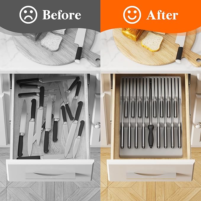 Lifewit Magnetic Drawer Knife Organizers Insert, Kitchen Plastic In Drawer Knife Block Slots for 16 Knives and 1 Sharpening Steel, Extra Large Steak Chefs Knives Holder Storage Sets, Gray