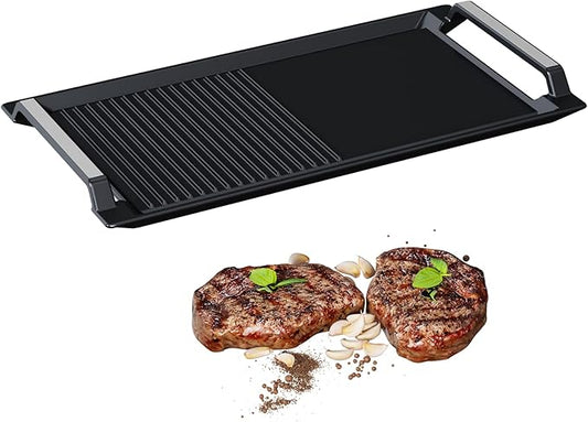 COVERCOOK Griddle Pan, Cast Iron Grill Hot Plate, Rectangular Grill, 2 handles with Flat and Ridged Surface for Induction Electric Cooktop，16.7 x 9.1inch