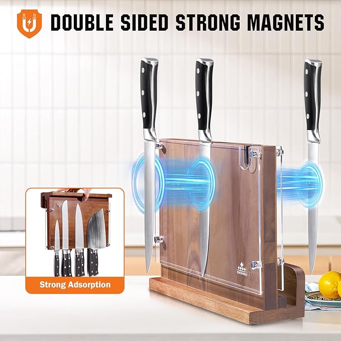 ENOKING Magnetic Knife Block 12.2 x 9.3", Double Sided Magnetic Knife Holde with Knife Sharpener, Acacia Wood Magnetic Knife Stand with Acrylic Shield for Kitchen Countertop