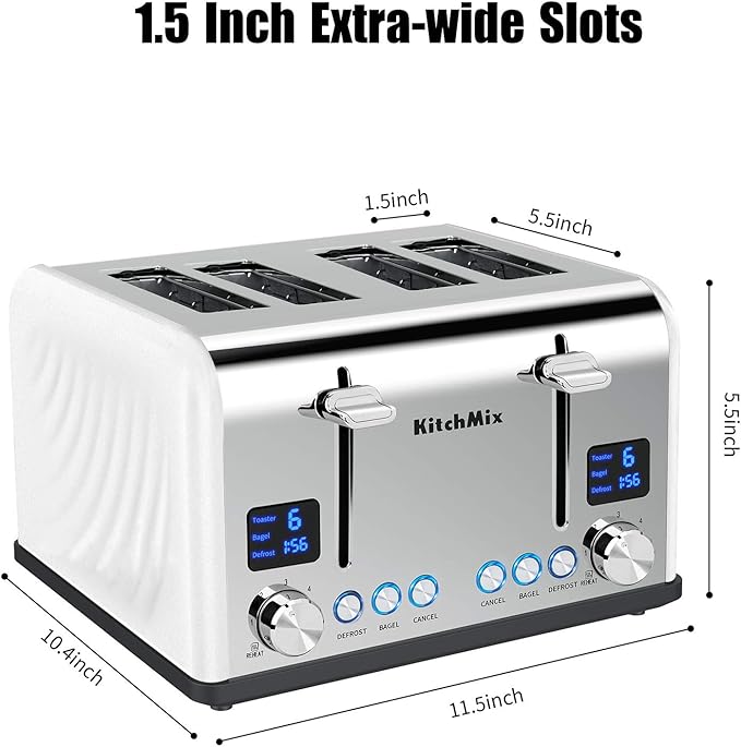 Toaster 4 Slice, KitchMix Bagel Stainless Toaster with LCD Timer, Extra Wide Slots, Dual Screen, Removal Crumb Tray (White)