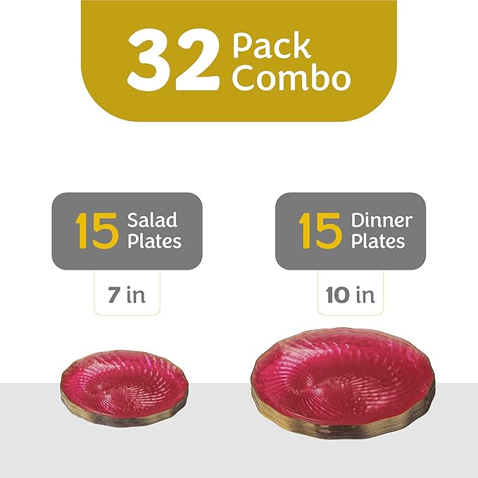 PLASTICPRO 120 Pack Plastic Plates Set of 60-10 inch Plates and 60-7 inch Plates, Elegant Clear Pink Spiral and Gold Rim Disposable Fancy Plates Premium Heavyweight