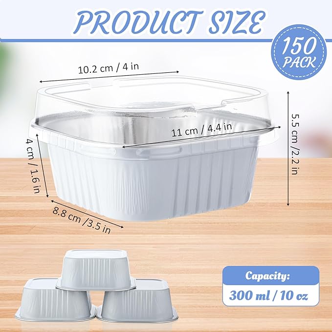 Aoriher 150 Pieces 10 oz Mini Cake Pans with Lids Aluminum Foil Baking Cups Square Disposable 4" x 4" Large Cupcake Cups Baking Tins for Kitchen Brownie Pudding Desserts Holders(White)