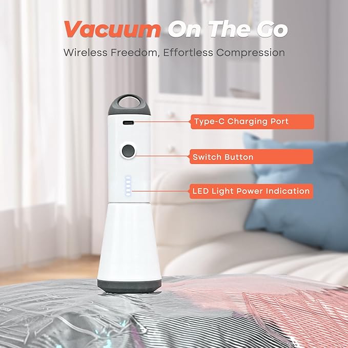 Vacuum Seal Bags for Clothing with Rechargeable Cordless Pump, 12 Pack Compression Packing Bags, Space Saver Storage for Seasonal Clothes Bedding Blanket Pillows Comforters Luggage Travel