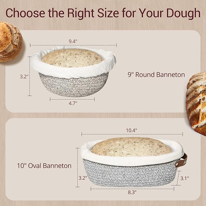 Sourdough Proofing Basket, 9" Round & 10" Oval Cotton Rope Banneton Basket Set with Washable Liners & Covers Artisan Bread Baking Supplies, Banneton Bread Proofing