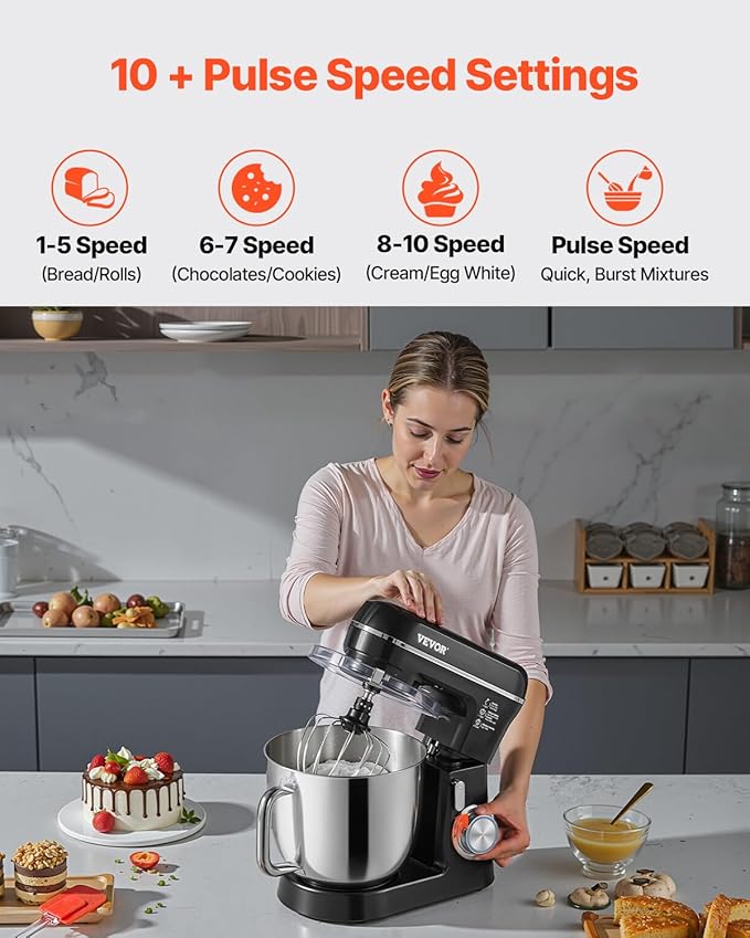 VEVOR Stand Mixer, 5.3QT + 4.4QT Two Stainless Steel Bowls, 10+P Speeds Tilt-head Food Mixer, Kitchen Mixer with Dough Hook, Wire Whip, Beater, Scraper, Household Stand Mixer for Baking Mixing, Black