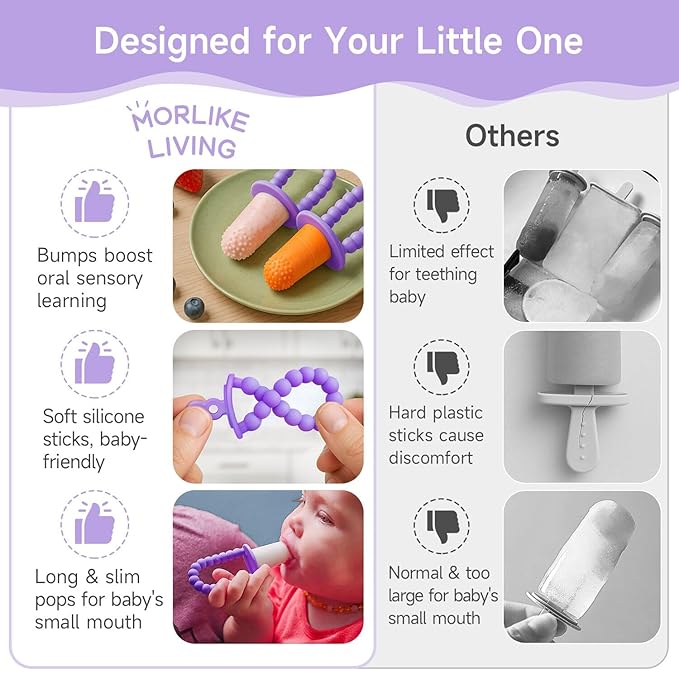 Morlike Baby Tiny Pops, 100% Silicone Popsicle Mold for Infants 4 Months +, Breastmilk Ice Pop Molds Teethers for Teething Relief, Baby Essentials, BPA Free & Dishwasher Safe (Purple)