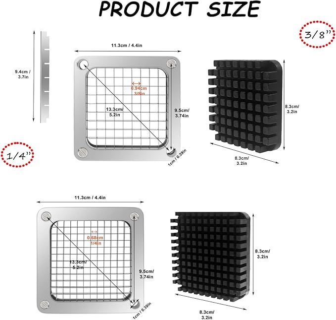 2Pcs Replacement Chopper Blade,1/4''&3/8''Commercial Vegetable Chopper Dicer Stainless Steel Blade and Pusher Block for Fruit Cutting Machine Tomato onion French Fries Cutter