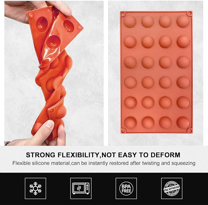 Mini 24-Cavity Semi Circular Silicone Mold, 2 Packs Half Sphere Silicone Baking Molds for Making Jelly, Chocolates and Cake
