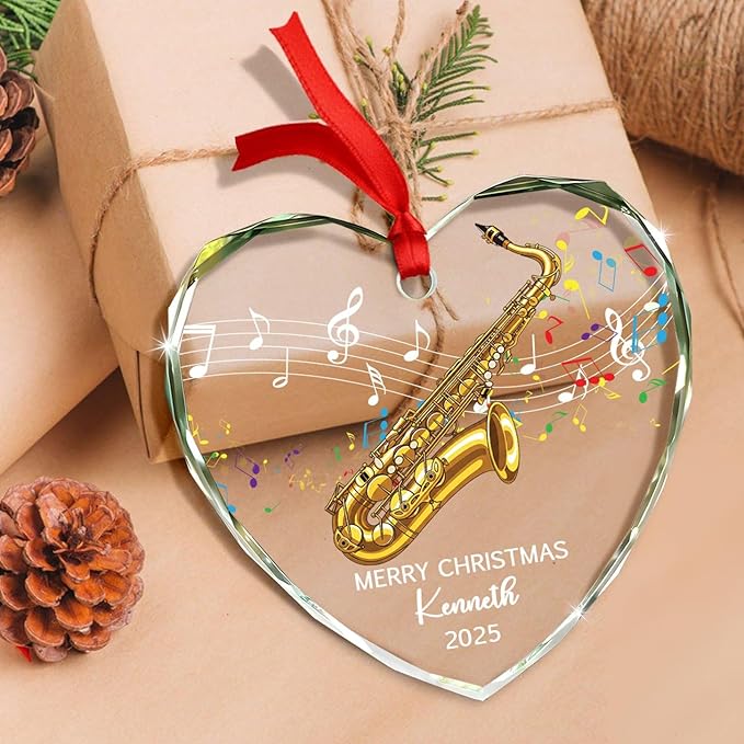 Personalized Text Year Name Saxophone Lover Glass Christmas Ornament 2025, Customized Saxophone Instrument Xmas Ornaments Gift for Brother Sister Dad Mom, Best Saxophonist Appreciation Glass Ornament