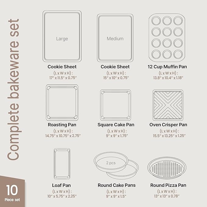 BAKKEN 10-Piece Kitchen Baking Pan Set - Commercial Grade Carbon Steel Bakeware, With Nonstick Coating, Stackable and Space-saving Design, PFOA, PFOS, PTFE Free, Oven Safe Tray (Up To 450°F), Brown