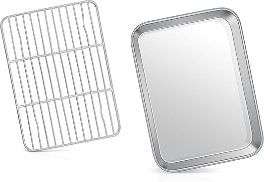 9 Inch Baking Sheet Pan with Rack Set, Joyfair Stainless Steel Toaster Oven Pans Tray & Cooling Racks for Cookie/Jelly Roll/Bacon/Meat, Commercial Metal & Rust-free, Dishwasher Safe