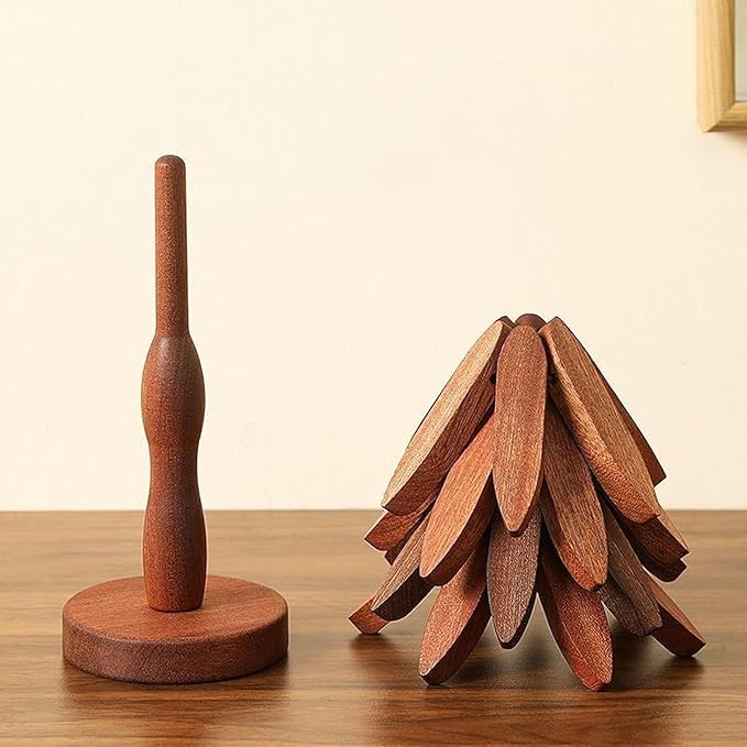 Natural Wood Tree Trivet Set, 𝐍atural Tree Trivet Set - 4 Wooden Trivets,4 Wooden 𝐓rivets & 1 Stand Like a Christmas Trees,for Hot Dish,Pot,Bowl,Teapot,Hot Pot Sets (Walnut Finish 3 Trivets,1set)