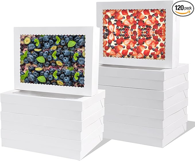 12pcs 19x14x4 inch Cake Boxes with Window，White Rectangle Sheet Large Bakery Boxes for Pastry Dessert Cake, Cupcakes Donuts Cookies Pie Treat Packaging