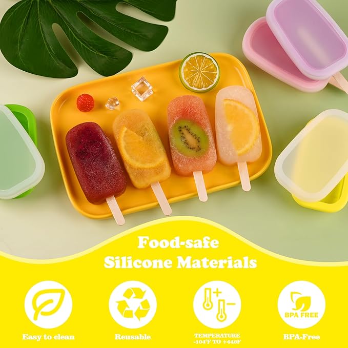 Sakolla 4 Pcs Silicone Popsicle Molds with Lid & 50 Pcs Wooden Popsicle Sticks, Stackable Classic Oval Ice Cream Molds for Homemade Ice Pop, Cakesicles, Freezer Yogurt and Fruit Juice (Multicolor)