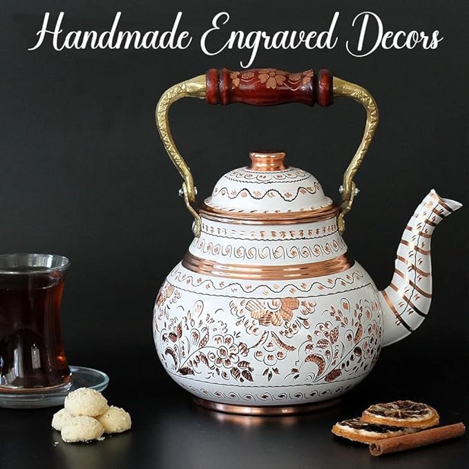 Vintage Copper Turkish TeaPot Tea Kettle Pot for Stovetop Stove Top Infuser Decorative Fancy Arabic Moroccan Party Serving Kitchen Antique Handmade White Floral Unique Style Gooseneck Gift