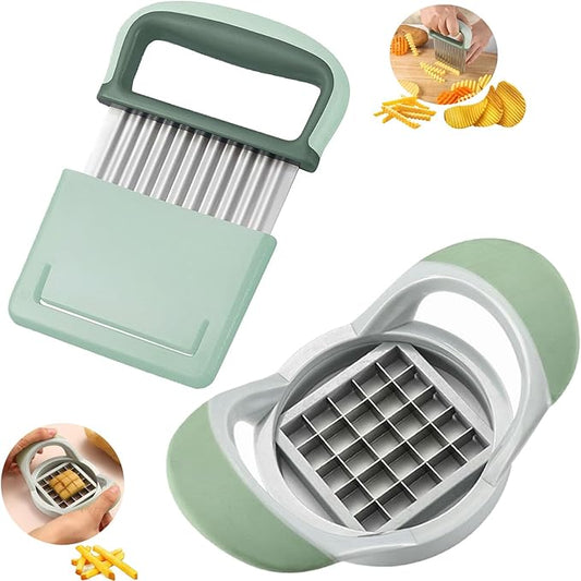 Crinkle Cutter and Potato Cutter 2 PCS, Wave Slicer Dicer Fry Cutter with Stainless Steel Blade Food-safe for Veggies, Handheld Vegetable Chopper, Salad Garnishing Tool, DishwasherSafe