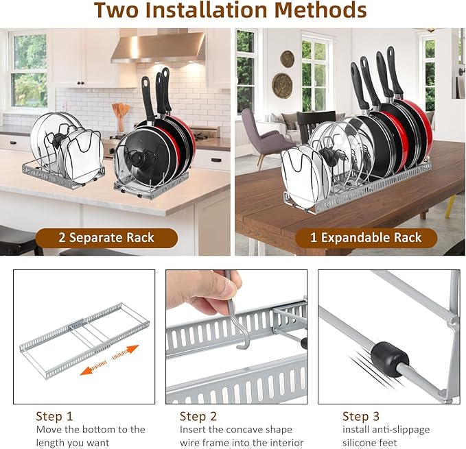 ROOHUA Pot Rack Organizer -Expandable Pot and Pan Organizer for Cabinet,Pot Lid Organizer Holder with 10 Adjustable Compartment for Kitchen Cabinet Cookware Baking Frying Rack