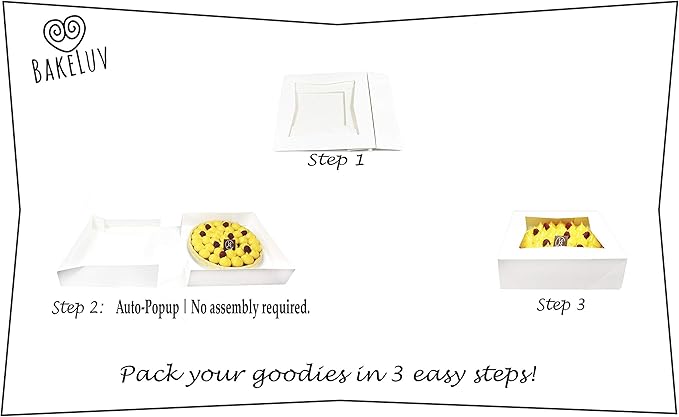 BAKELUV Pie Boxes for 9 Inch Pie | White, 25 Pack | 9x9x2.5 Bakery Box with Window, 9x9 Cookie Box, 9 Inch Pastry Boxes with Window Bulk, Cake Boxes, Auto Pop Up