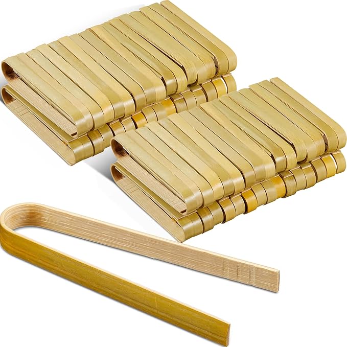 Patelai 90 Pieces Mini Bamboo Tongs Long Toast Tongs Disposable Wooden Cooking Bamboo Cooking Utensils for Toast Bread Pickles Tea Toaster Supplies (4.7 Inch)