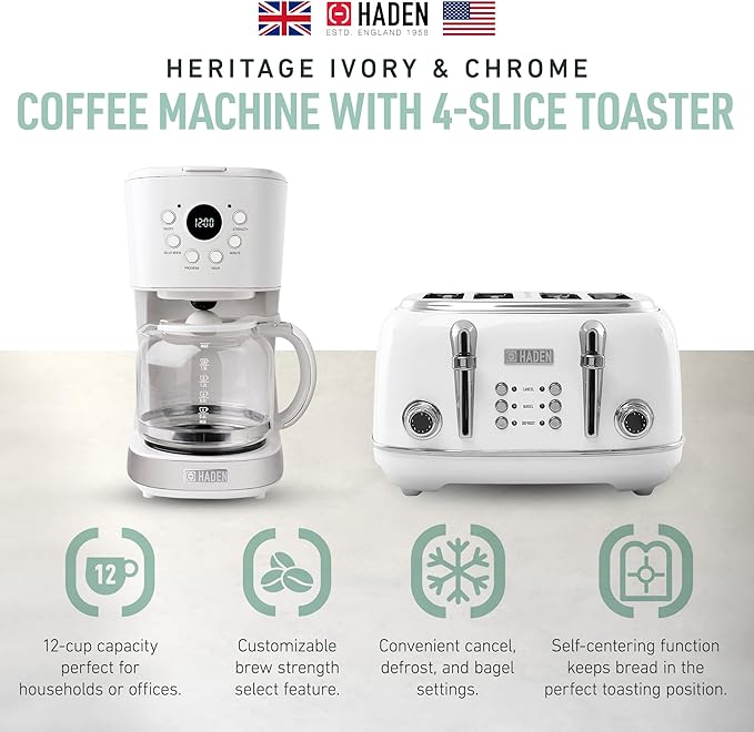 Haden Heritage 4 Slice Wide Slot Stainless Steel Toaster Bundled with 12 Cup Programmable Drip Coffee Maker Coffee Machine, Ivory & Chrome