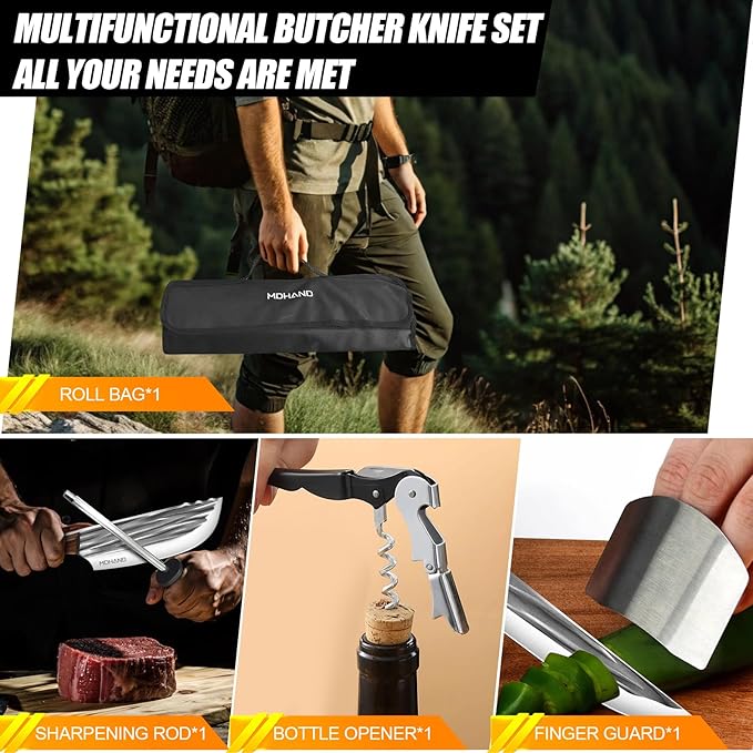 MDHAND 14PCS Professional Butcher Knife Set with Roll Bag, Hand Forged Serbian Chef Knife Set, Heavy Duty Meat Cleaver Knives, Boning Knife, Meat Cutting Knife for Kitchen, Gift for Men, BBQ, Camping