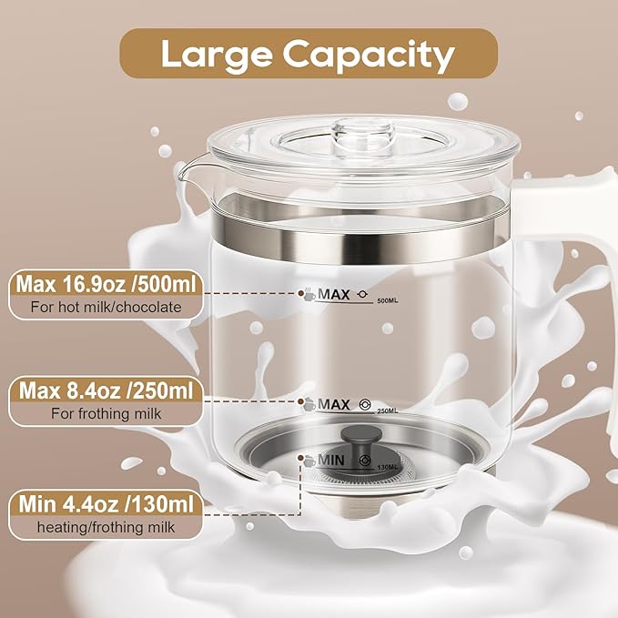 Milk Frother, 16.9 OZ Milk Frother and Steamer, 4 in 1 Electric Milk Frother Dishwasher Safe Durable Silent Frother for Coffee Hot and Cold Foam Maker (White Glass)