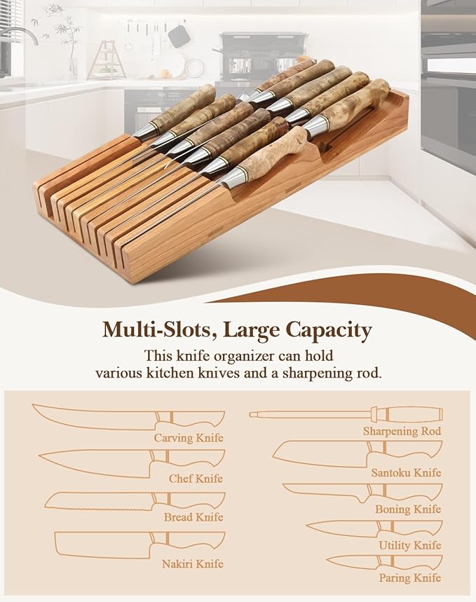 HEZHEN 11-slots Cherry Wood In-drawer Knife Tray,Knife Holder, Knife Block without Knives, Fit for 10 Knives and 1 sharpening rod