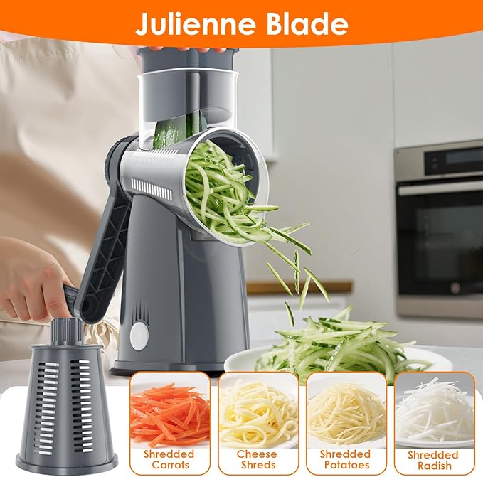5 Blade Rotary Cheese Grater Hand Crank with Storage Box, Vegetable Chopper, Cheese Shredder for Cheeses, Veggies, Nuts - Easy to Use, Non-slip Suction Base, Gray