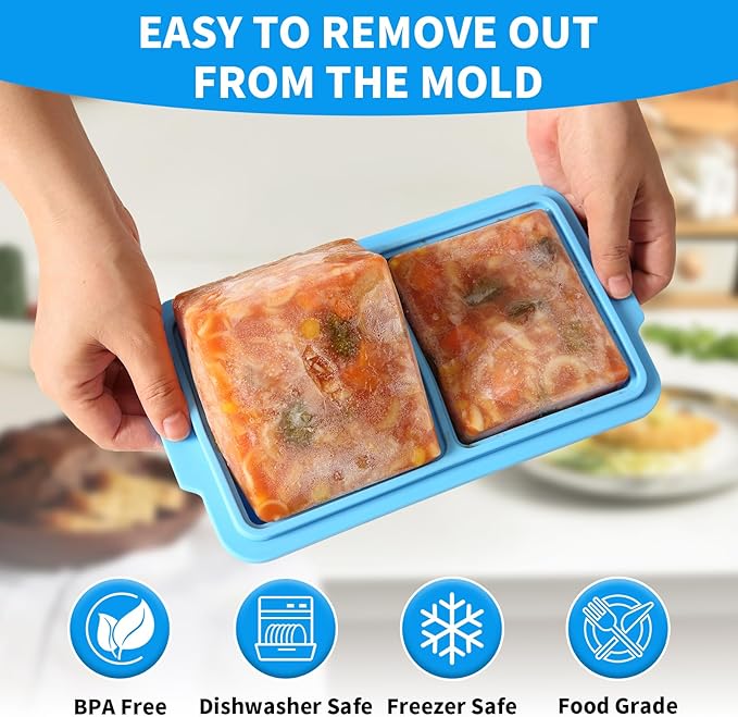 2 Cup Silicone Freezer Tray Ice Cubes with Lids and Date Mark for Storing Lasagna Leftovers Sauces Portioned Meals and More, Silicone Soup Freezer Molds for Meal Prepping 2 Pack Blue