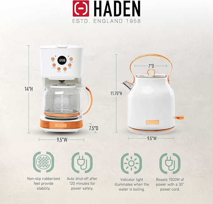 HADEN Coffee Machine, 12 Cup Drip Coffee Maker Bundled with Heritage 1.7 Liter Stainless Steel Electric Kettle, Ivory & Copper