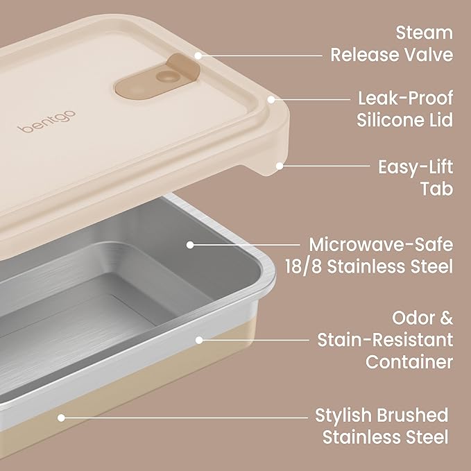 Bentgo MicroSteel Heat & Eat Container – Microwave-Safe, Leak-Proof, Easy-to-Clean, Lightweight Stainless Steel Reusable Food Storage with Airtight Silicone Lid (Dinner Size; 5.5-Cup Capacity; Gold)
