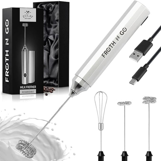 Zulay Froth N Go Milk Frother Rechargeable - 3-in-1 Frother Wand With Case & USB-C Charger - Comes With 3 Whisk Attachments for Latte, Cappuccino, Matcha, Protein Shakes - Silver