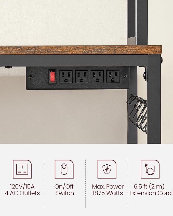 VASAGLE Hutch Bakers Rack with Power Outlet, 14 Hooks Microwave Stand, Adjustable Coffee Bar with Metal Wire Panel, Kitchen Storage Shelf, 15.7 x 23.6 x 66.9 Inches, Rustic Brown and Black UKKS037B01
