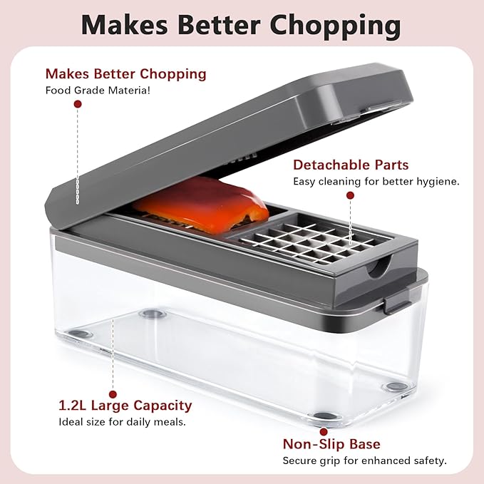 Vegetable Chopper, Onion Chopper Dicer, Mandoline Slicer with Container, Vegetable Cutter for Salad Potato Carrot Garlic（2 Blades, Grey）