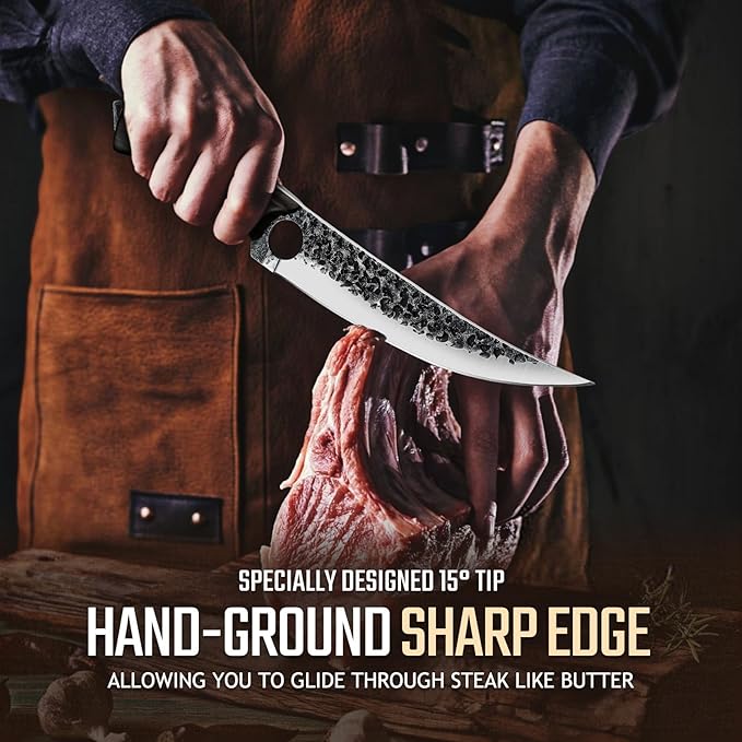 Huusk Viking Boning Knife 6 inch, Japanese Boning Knives for Meat Cutting, Full Tang Fillet Knives with Sheath, Brisket Trimming Knives for BBQ, Camping, Ideal Gift