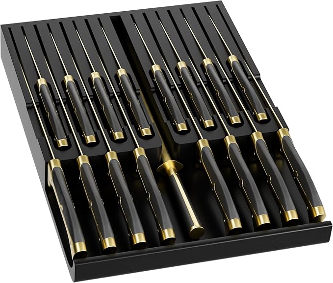 Domax Bamboo In-drawer Knife Block - Knife Drawer Organizer Insert Large Handle Steak Knife Holder, Kitchen Drawer Knife Organizer Fits for 16 knives and 1 Sharpening Steel (Not Included), Black