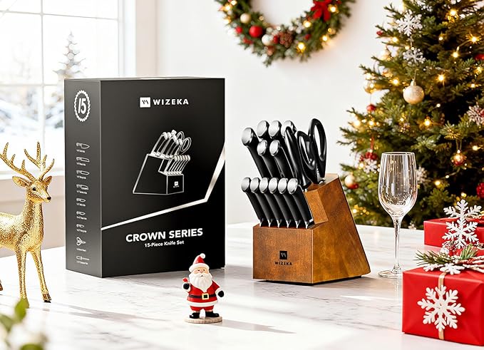 WIZEKA 15-Piece knife set, High Carbon Stainless Steel Kitchen Knife Set, Ultra Sharp Knife Block Set with Sharpener, Black, Crown Series