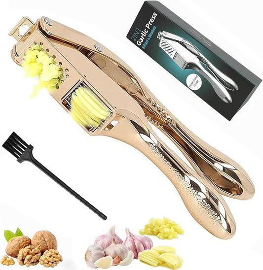 Garlic Press and Slicer 2 in 1, Rust Proof & Dishwasher Safe Professional Garlic Mincer Tool, Effortlessly Crush and Mince Garlic with this Ergonomic Handle-Garlic Slicer & Brush ANCQMI(Gold)