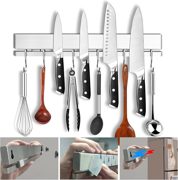 YIIYIIN 12" Premium 304 Stainless Steel Double-Sided Magnetic Knife Holder for Wall or Fridge -with Adhesive Strip, No Drill -6 Hooks Included for Kitchen Utensils