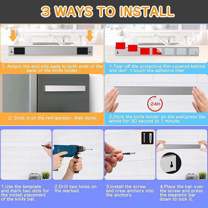 Ninonly 16 Inch Magnetic Knife Holder for Refrigerator Stainless Steel Magnet Knife Strip for Wall Mounted No Drilling Knife Rack with Powerful Magnetic Pull Force Fridge Applicable