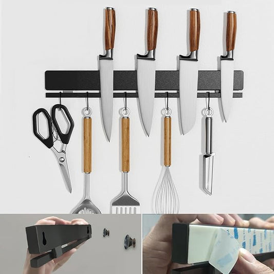 YIIYIIN 12 Inch Magnetic Knife Holder for Wall No Drill,Adhesive Knife Magnetic Strip with 6 Hooks,Kitchen Double Rods Stainless Steel Magnetic Utensil Holder(Black)